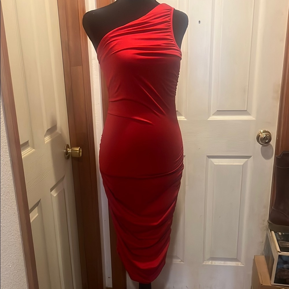 Red Ruched Asymmetrical Cocktail Dress